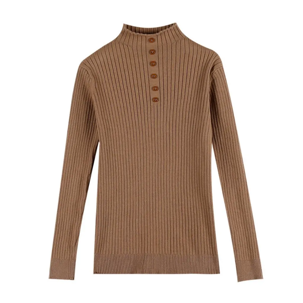 スリムフィットの女性用ベースセーター、ドローストリング付きコットンラインハーフタートルネックデザイン、秋と冬用の新しいインナーシャツ