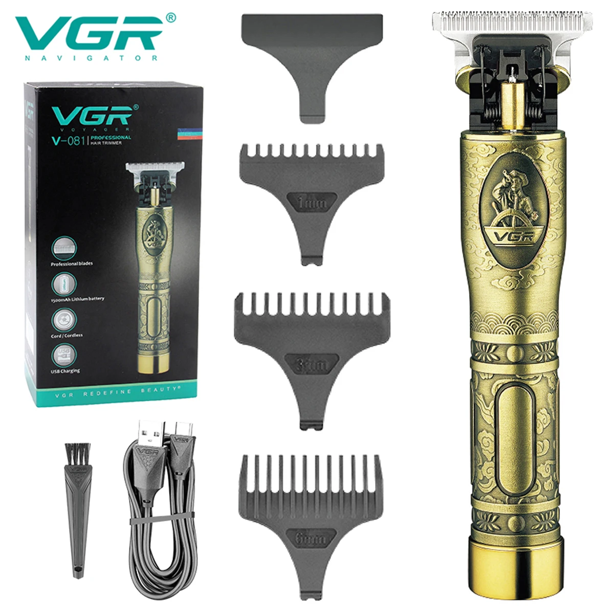 

VGR T9 Trimmer Vintage Hair Clipper Hair Cutting Machine Professional Barber Cordless Rechargeable Beard Trimmer for Men V-081