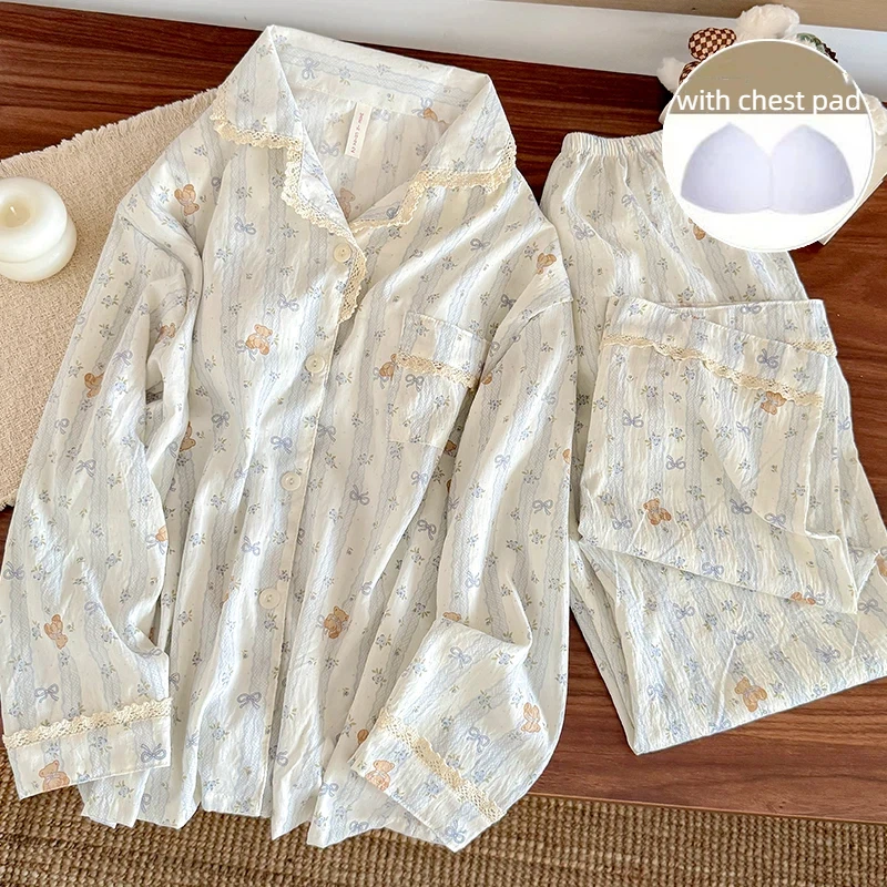Sleepwear Women with Chest Pad Cute Bear Bow Print Sleepwear Autumn Long Sleeve Lace Hem Soft Sweet Kawaii Loungewear Nightwear