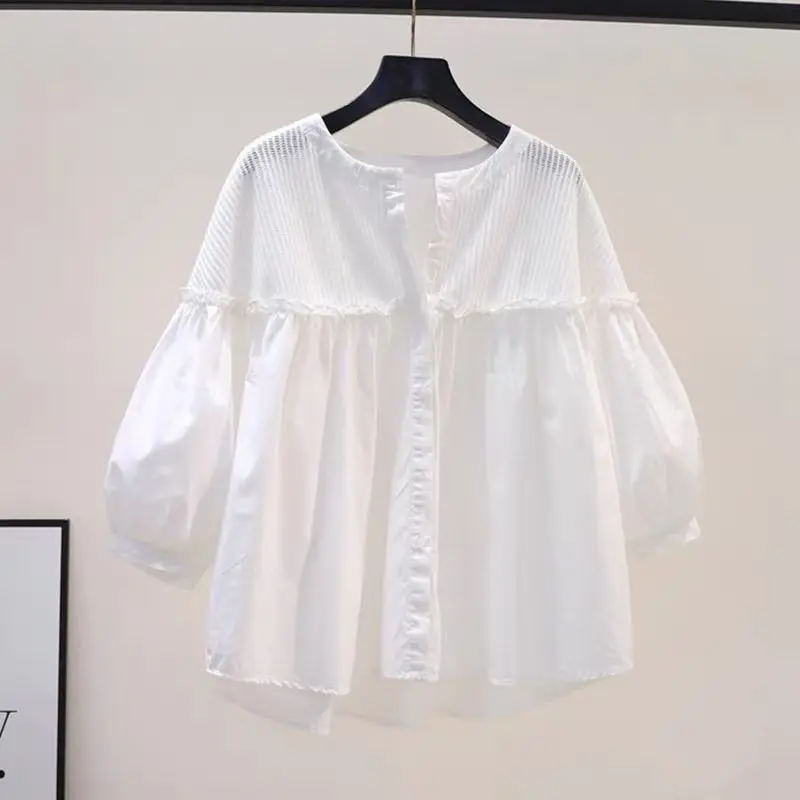 Été nouveau Sle femmes ample banlieue coton tricoté Patchwork sept-cinq Sve irt Version coréenne Unique Ele haut