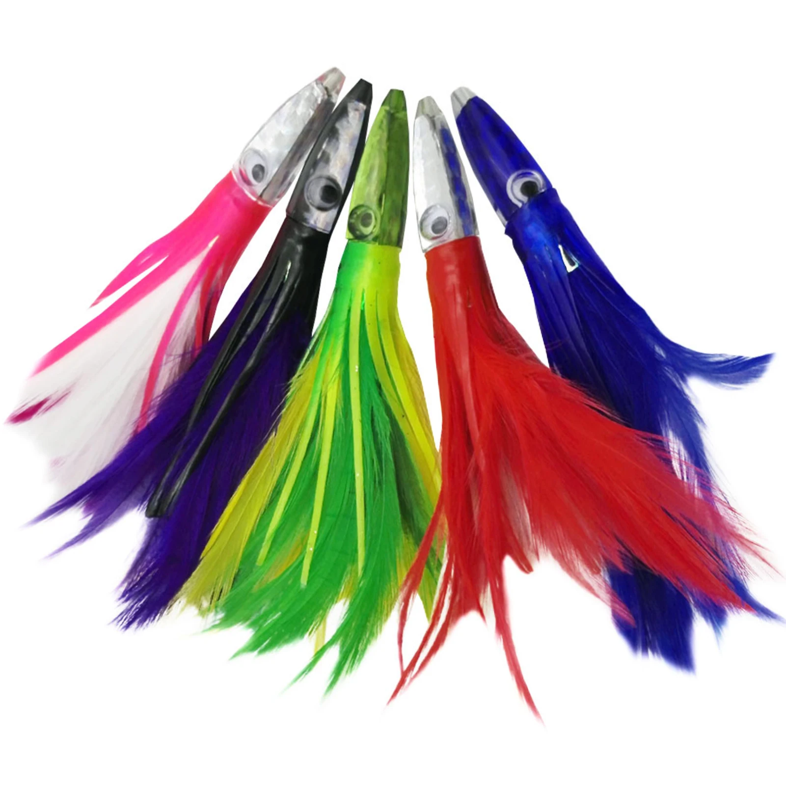 

5pcs/Lot Sea Fishing Octopus Lure 14cm 32g Squid Jigs Big Game Bait Drag Fishing Bait Trolling Lures with Feather Skirt for Tuna