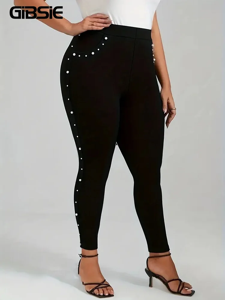 GIBSIE Plus Size Pearl Beaded Leggings For Women Spring Fall Black Elegant High-waisted Skinny Pencil Pants With Pockets