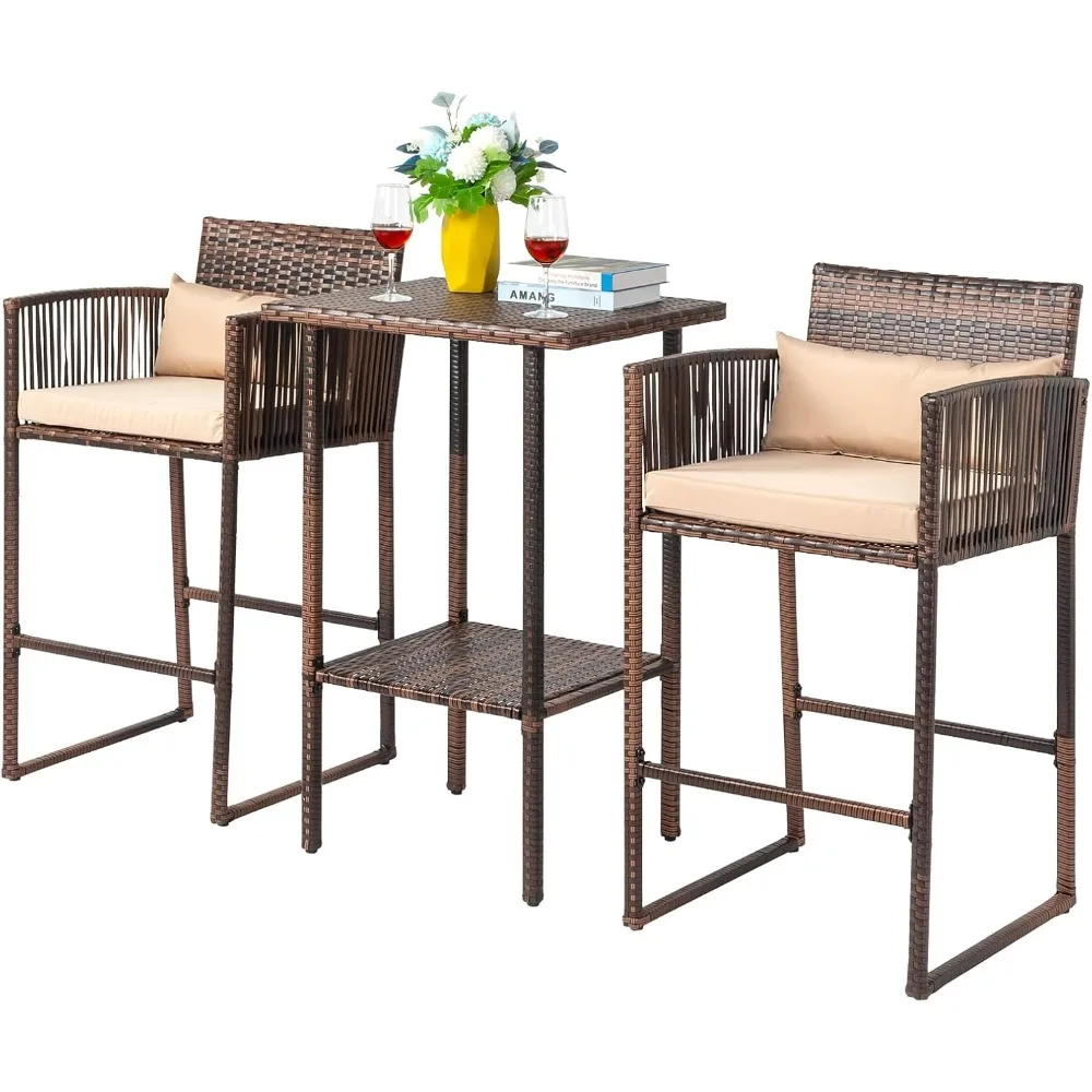 

3 PCS Patio Bar Sets Wicker, Outdoor Bar Table and Bar Stools with Storage Shelf and Cushions, Bars Height Outdoor Table an
