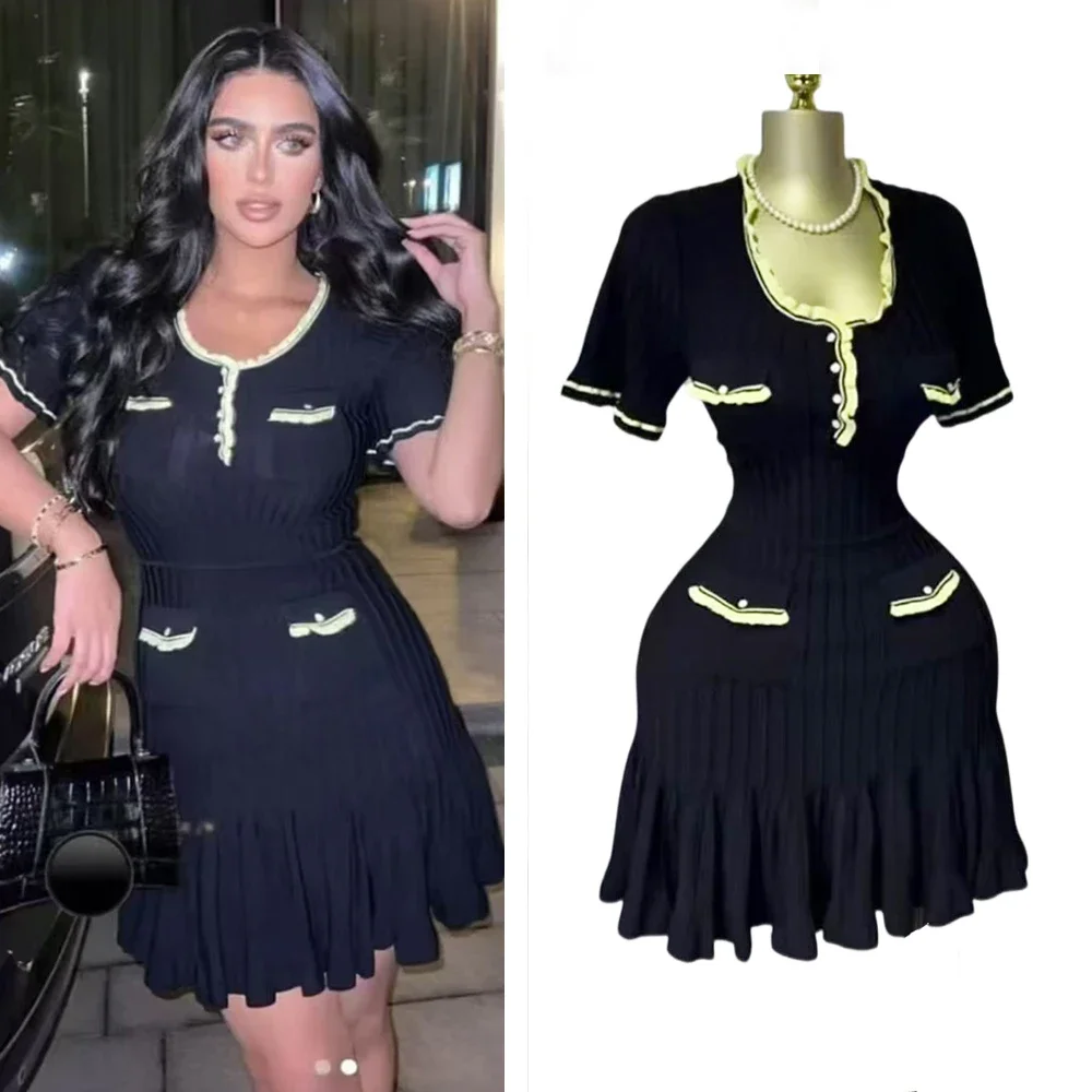 

Chic Fashion Sexy Package Hips Knitted Mini Dress 2025 New Summer Women Elegant Black Ruffled Party Dress Streetwear