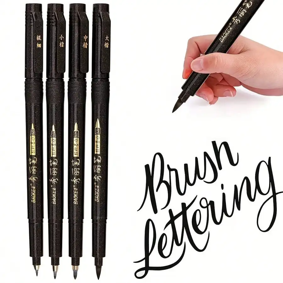 4pcs Calligraphy Pen Set, Black Ink Drawing Pens, Soft Tip - 4 Sizes, Suitable For Art Drawing, Scrapbooking, Journaling And Watercolor Illustration, Essential For Back To School ss2411148633721257