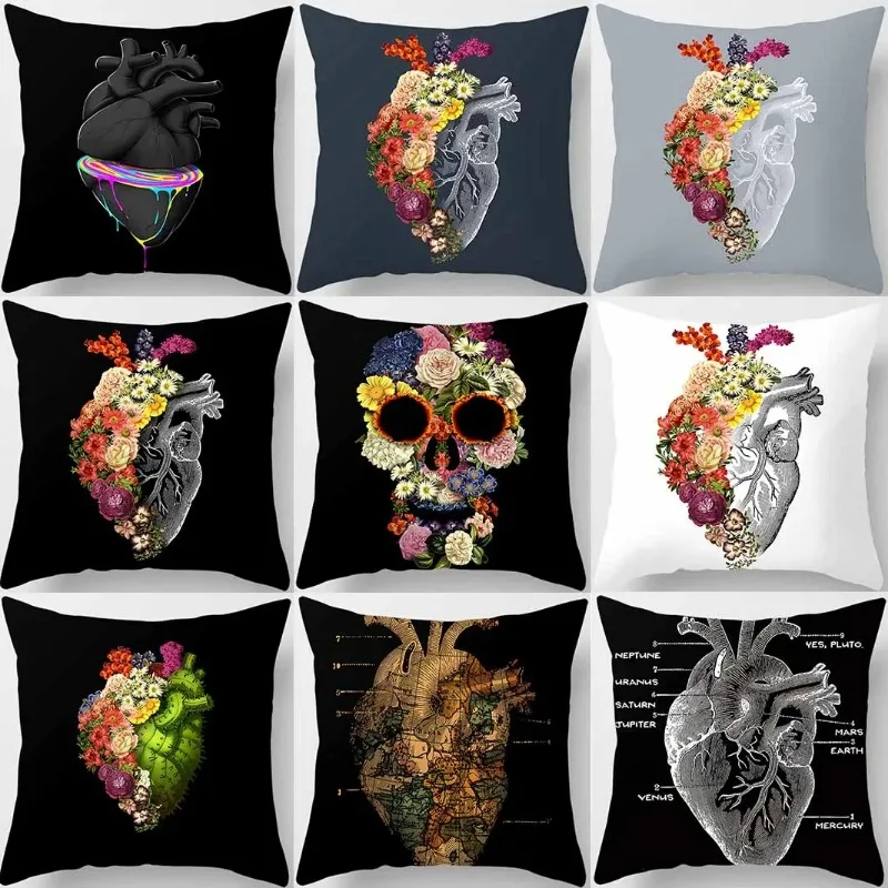 Skull Heart Print Collection Cushion Cover Sofa Office Pillowcase Peach Blossom Decoration Rainbow  Home Decor