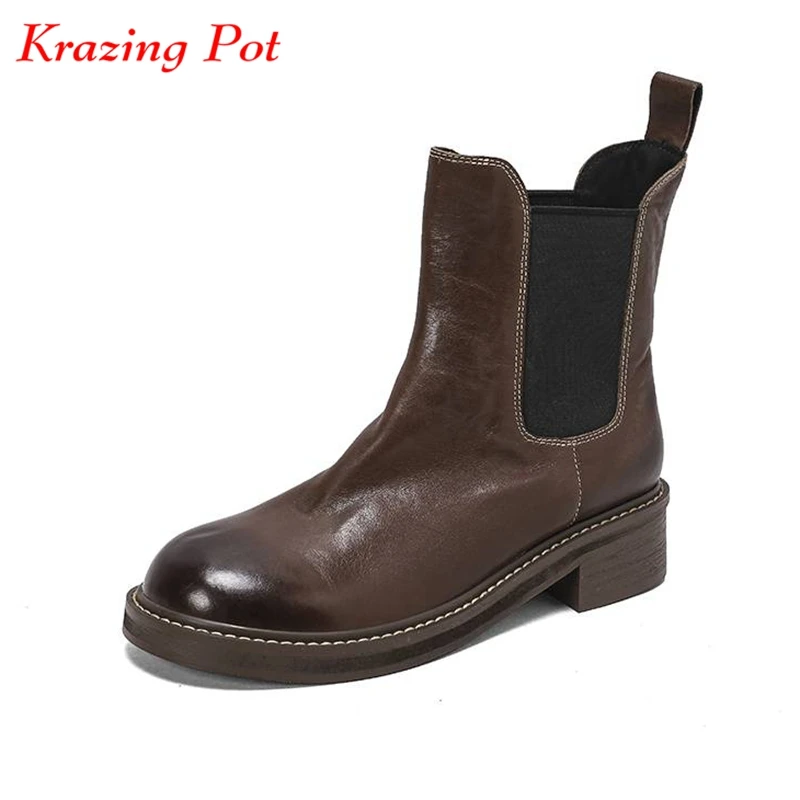 

Krazing Pot full grain Leather Round Toe Winter Keep Warm Chelsea Boots Slip On med heels vintage luxury Chic Ankle Boots