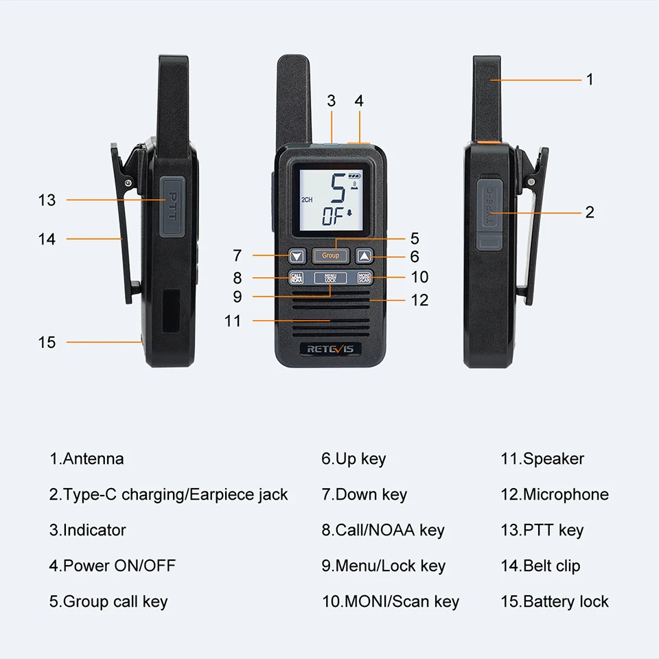 Walkie Talkie 2 Pcs Included Retevis RB667 4 Pcs Walkie-talkie Portable Type-C Recharge Two Way Radio 1.44 Inch LCD Display