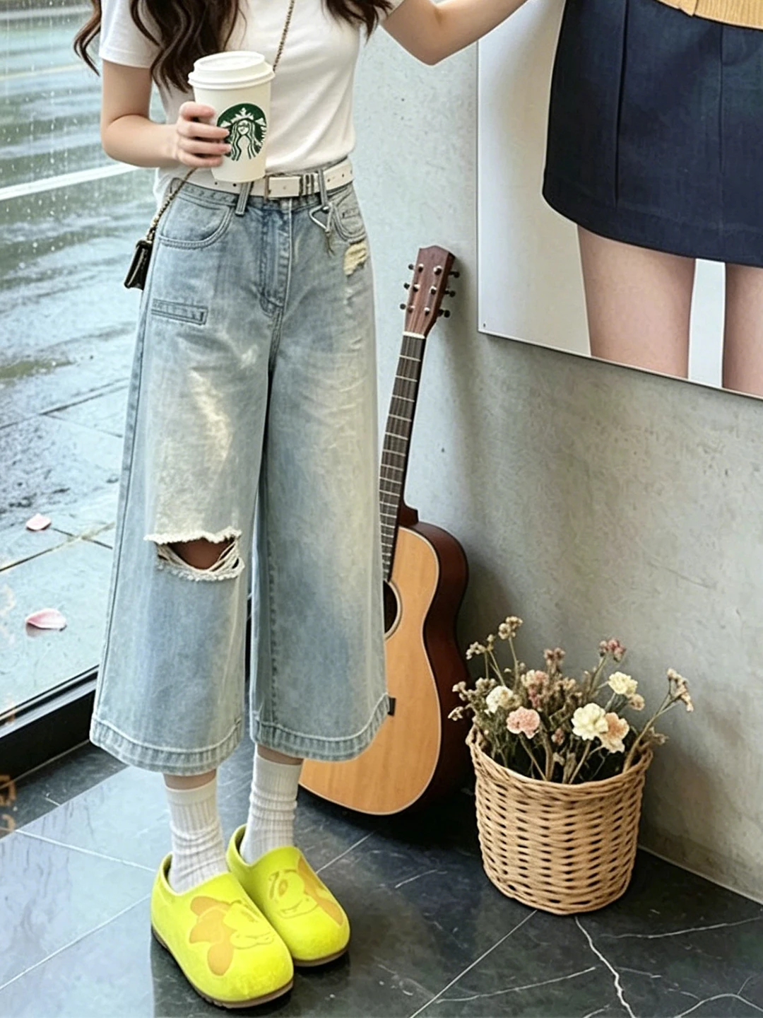 Summer New High Waist Wide Leg Seven Inch Jeans Women's American Style Slimming Design Sense Fashionable Hole Matching High W...