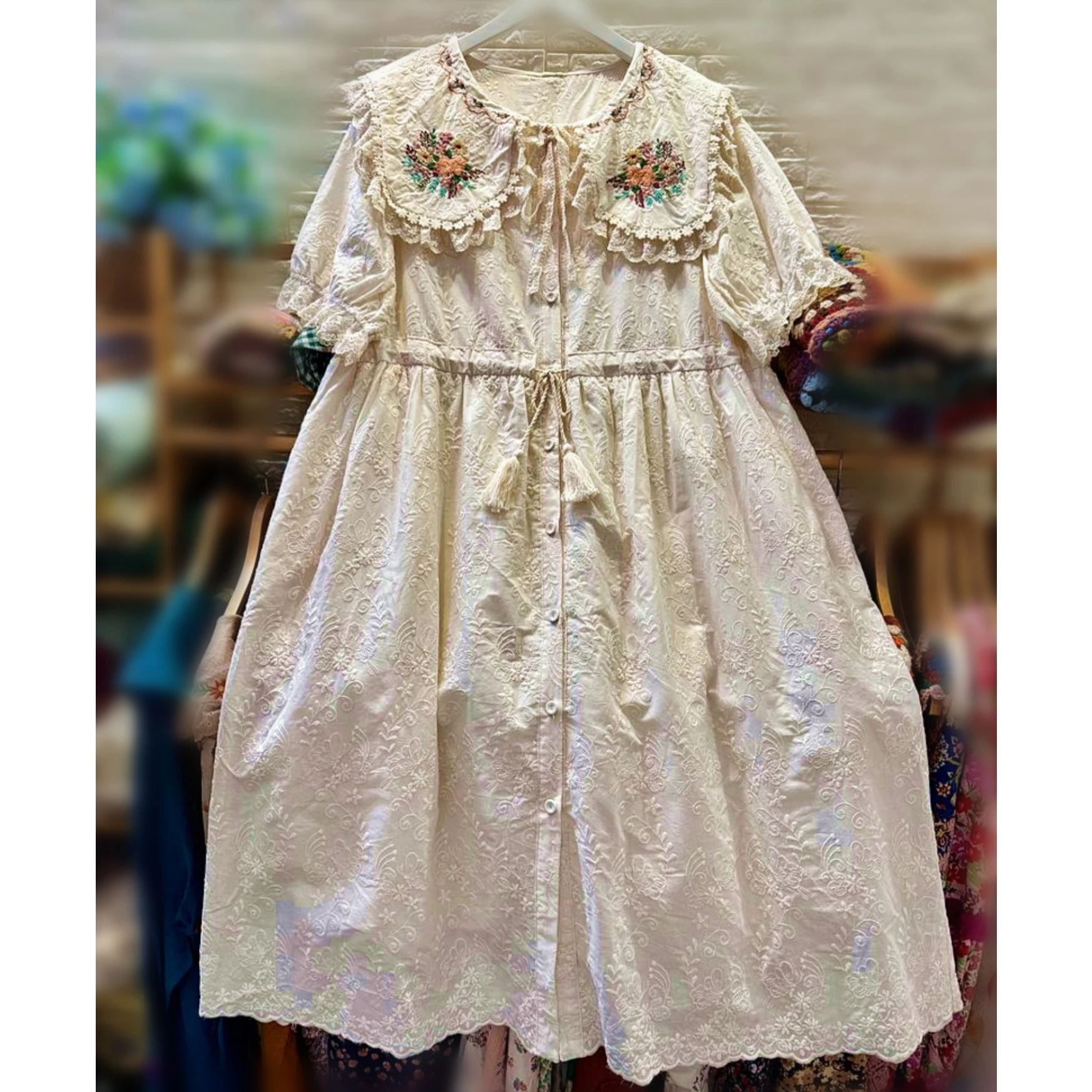 

Female Victorian Rococo Cotton Ruffled Lace Floral Long Midi Dress Summer Vintage Shabby Chic Retro Cottagecore Evening Dress