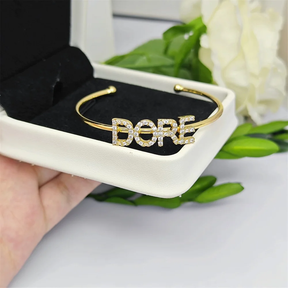 2023 Customize 9mm Letter Name Cuff Bangle Personalize Initial Zircon Letter Charm Bangle For Women Party Jewelry Gifts