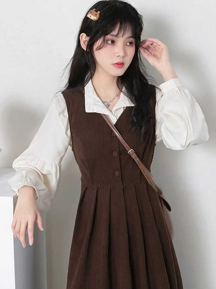 Dresses Sets Women 2pcs Leisure Preppy Design Sweet Retro All-match Chic Ulzzang Folds Shirts Simple Pure Midi Vestidos Students