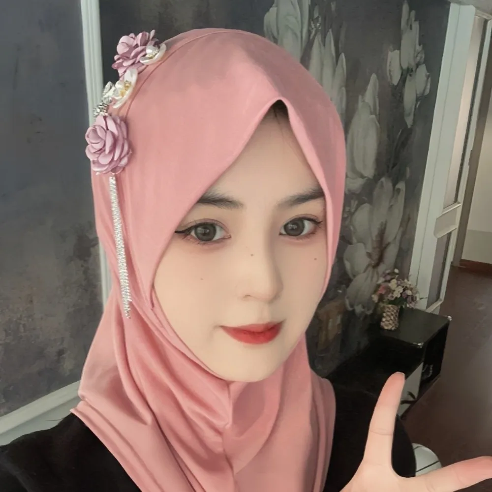 Fashion Elastic Flower Tassel Hijab Cap Breathable Solid Color Pre-Tied Headscarf Soft Fabric Polyester Head Wrap Daily