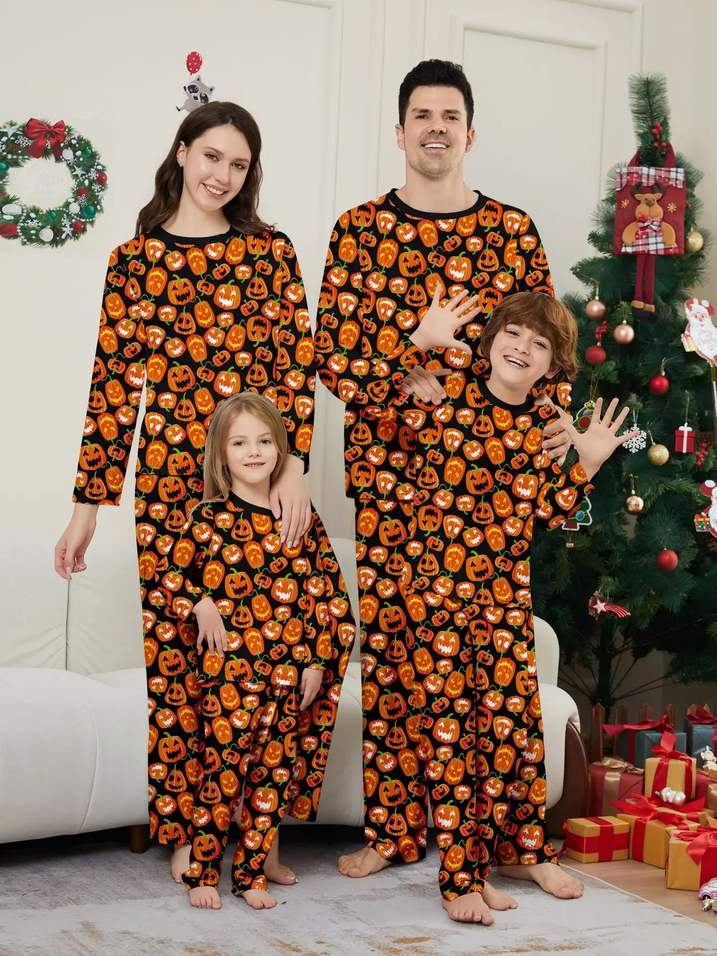 2024 New All Over Pumpkin Print Pajamas Set For Family/Couples/Kids Halloween Clothing Sets Soft Sleepwear Y2K Style Pyjamas