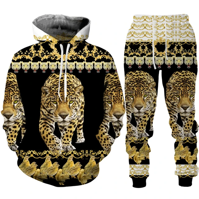 Men\'s Hoodie Pants Suit Leopard Golden Pattern Sportswear Set 3D Print Women Fashion Tracksuit Jogging Clothes For Men Clothing