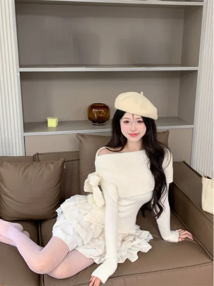 Winter Kawaii Sweet 2 Piece Set Woman Off Shoulder Bow Knitted Tops + Mini Cake Skirt Female Korean Fashion Casual Suit 2024 New