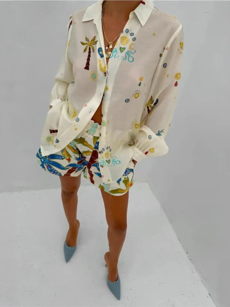 Women's Fashion Linen Loose Casual All-match Set Summer Temperament Commuting Long-sleeved Lapel Shirt Shorts Two-piece Sets