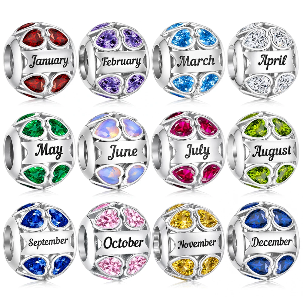 Image of Fit Original Pan Charms Armband Geburtsstein Charms Monat Herz Zirkon Runde Perle 925 Silber Farbe DIY Schmuck Geschenk für Frauen