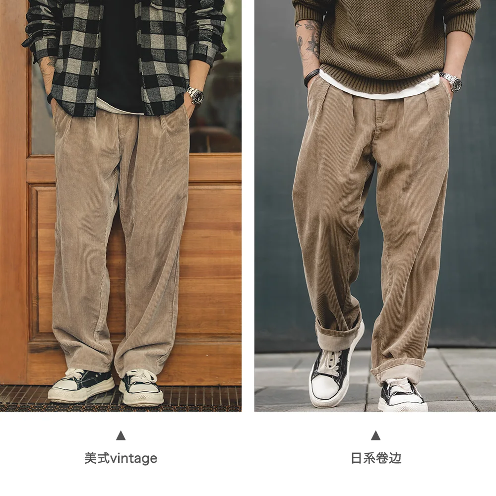 Maden Vintage Loose Corduroy Pants Wide Leg Mid Waist Striped Velvet Straight Leg Pants Men's Autumn Cargo Pants