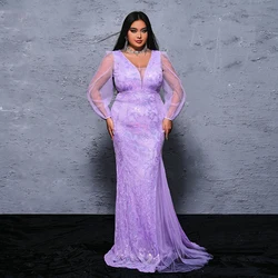 Kobiety Vestido de festa Sexy Elegant Deep V Neck Lantern Sleeve Purple Sequined Formal Occasion Evening Cocktail Party Dresses