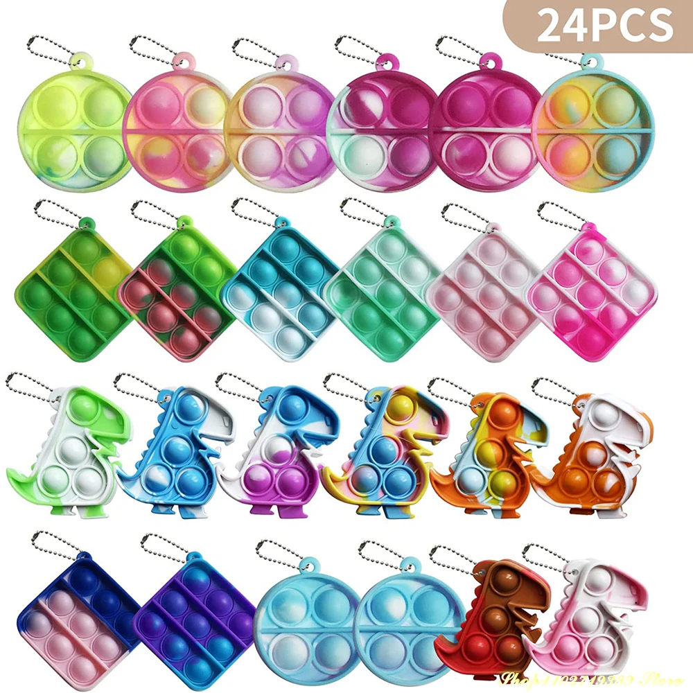 24PCS 3Shape Mini Pop Fingertip Toy Party Favors Dinosaur Toys Pack Key Chains Anxiety Relief Stress Desk Kit For Children Adult