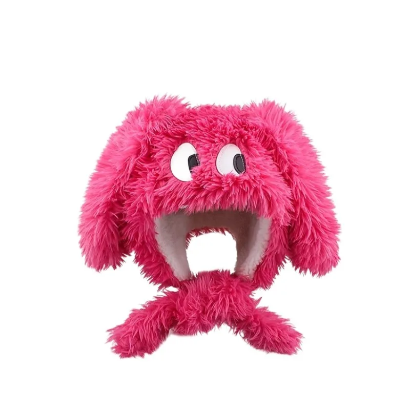 귀여운 큰 눈 강아지 귀 플러시 모자 두꺼운 따뜻한 레이스업 레이펑 스타일 여성용 가을 겨울 소녀 귀 보호 모자