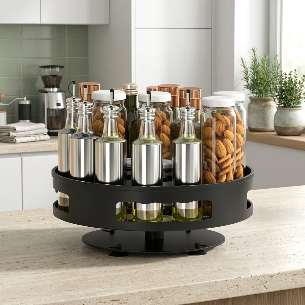 Stainless Steel Rotating Tray Organizer for Kitchen Countertop and Cabinet Storage with 360 Degree Turntable Design