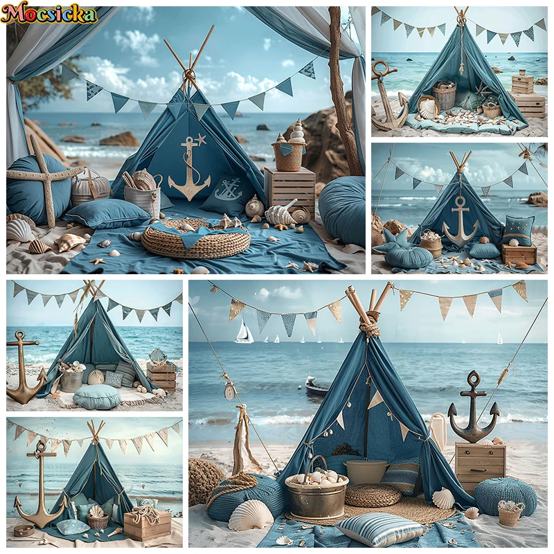 

Bluey Tent Backdrop Photography Ocean Beach Starfish Camping Baby Background Cloth Decor Birthday Photo Studio Props Backdrops