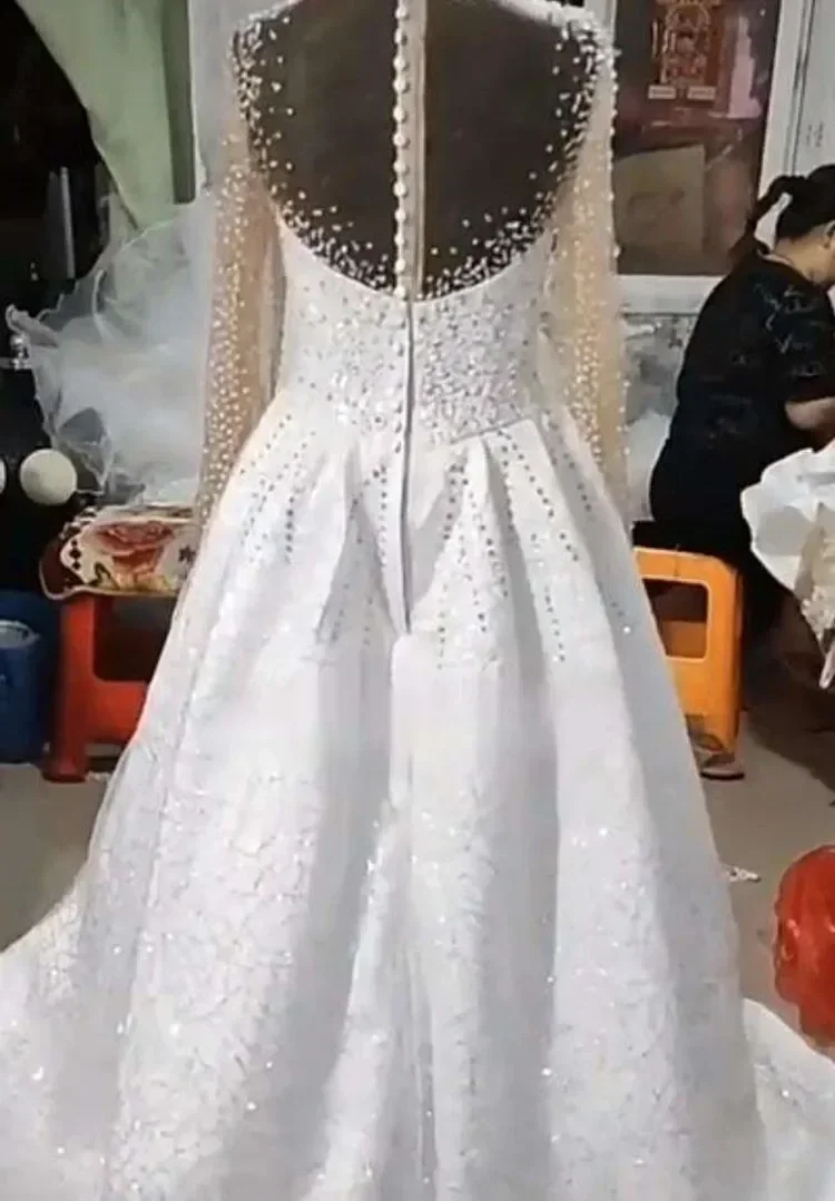 Vestido De novia De sirena con lentejuelas y cuentas brillantes personalizado, vestido De novia De lujo con tren desmontable De África, vestido De novia De manga larga