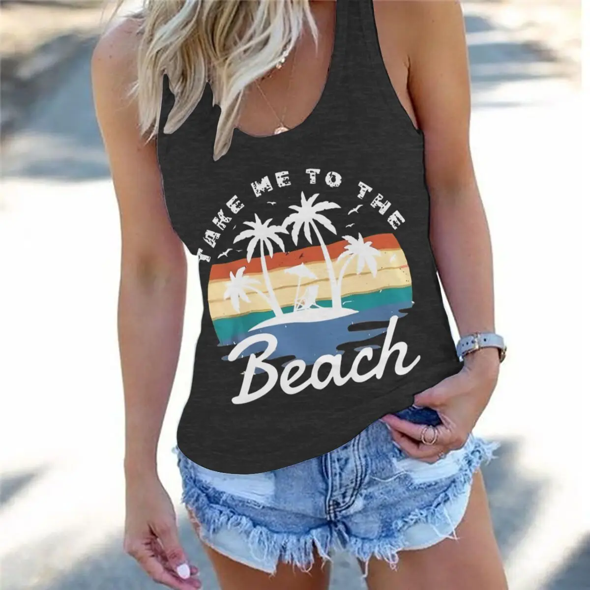 Women Vintage Take Me To The Beach Graphic Racerback Tank Top Summer Vacation Retro Sunset Palm Tree Sleeveless Basic-Fit Vest