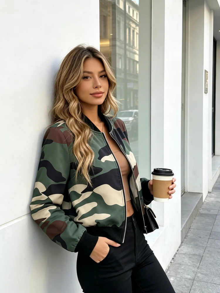 Women Camo Bomber Jacket Cropped Stand Collar Long Sleeve Camouflage Print Outerwear For Streetwear Daily Commute Casual Outfit
