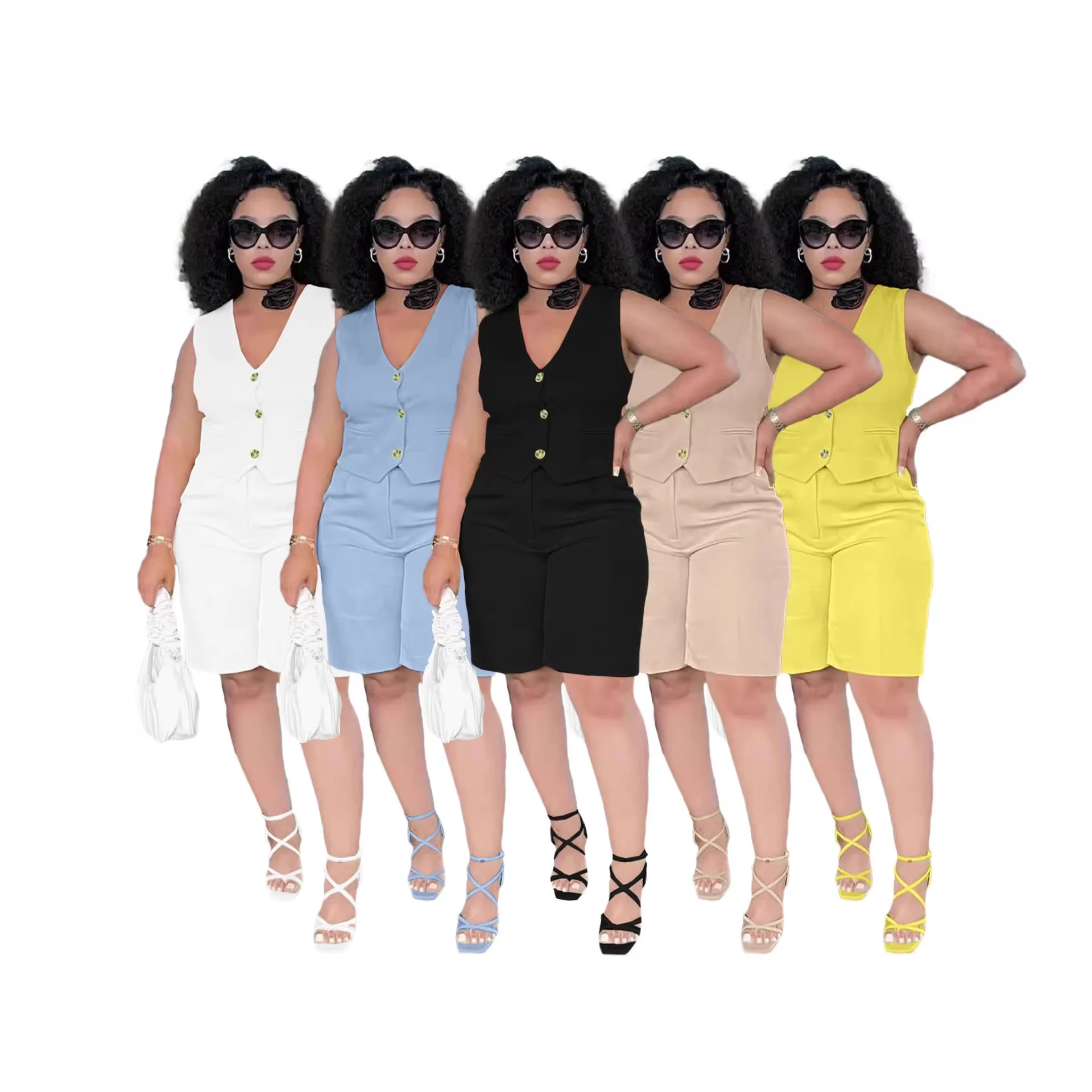 

Women's Summer 2 Piece Outfits Sleeveless Matching Sets Button Down V Neck Vest Waistcoat and Pockets Shorts