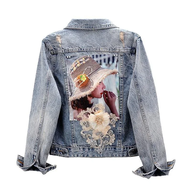 

Spring Autumn Women’s Denim Jacket Long Sleeve Overcoat Loose Three-dimensional Button Pearls Outwear Ripped Jeans Jackets B198