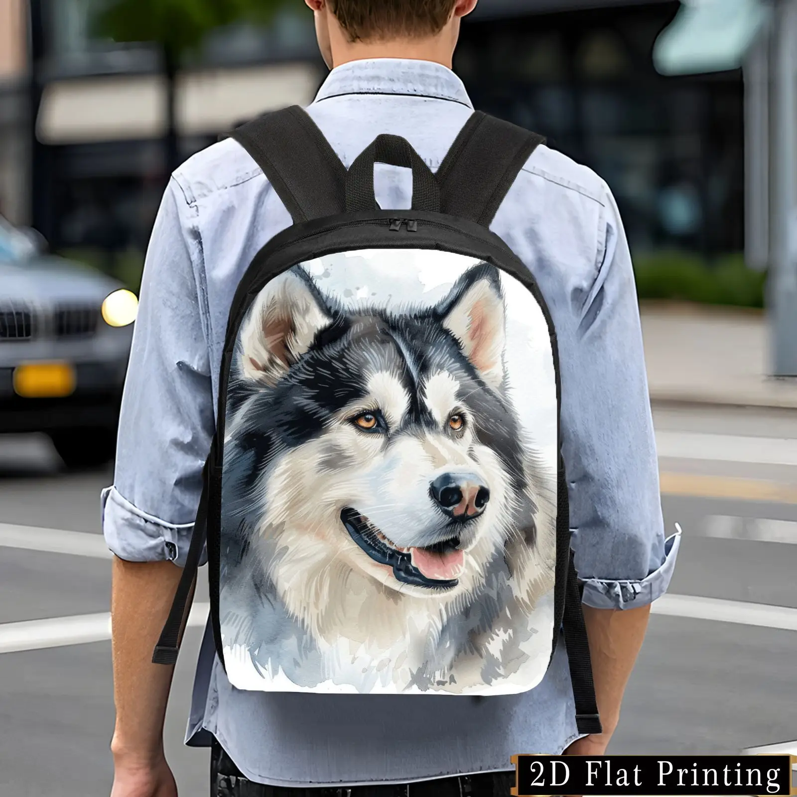 

Stylish Husky Watercolor Print Backpack - Lightweight Large Capacity Foldable Day Bag with Adjustable Straps and Side Pockets