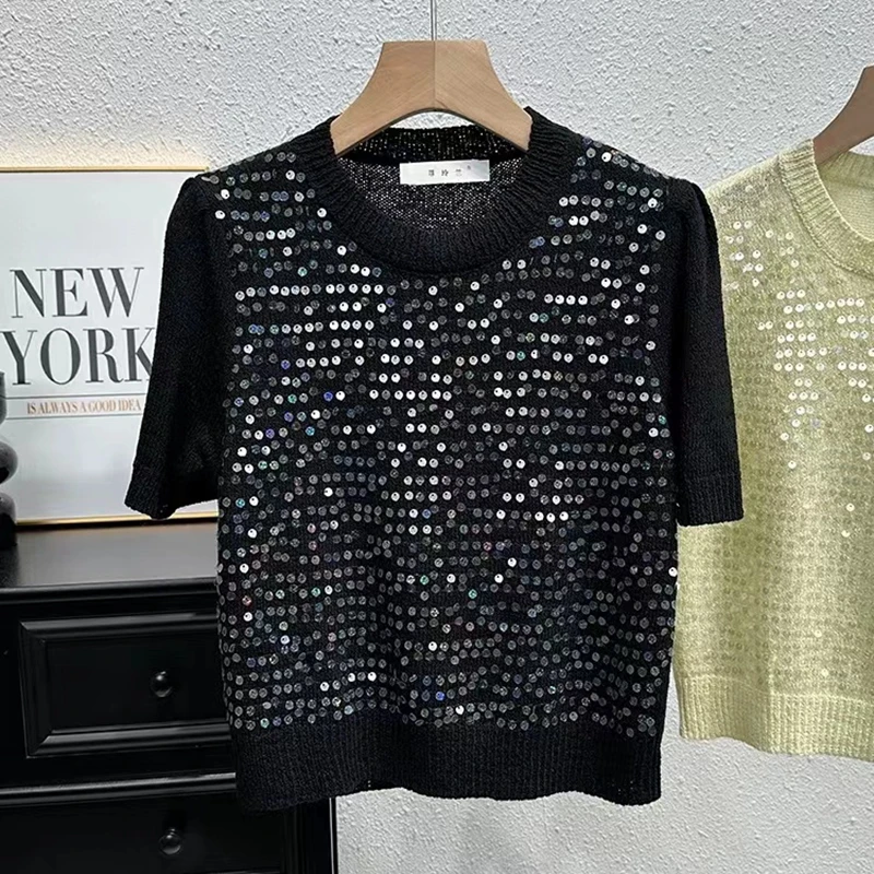 High Streetwear Blingbling maglioni corti con paillettes per le donne pullover di maglieria estiva top vestiti popolari coreani