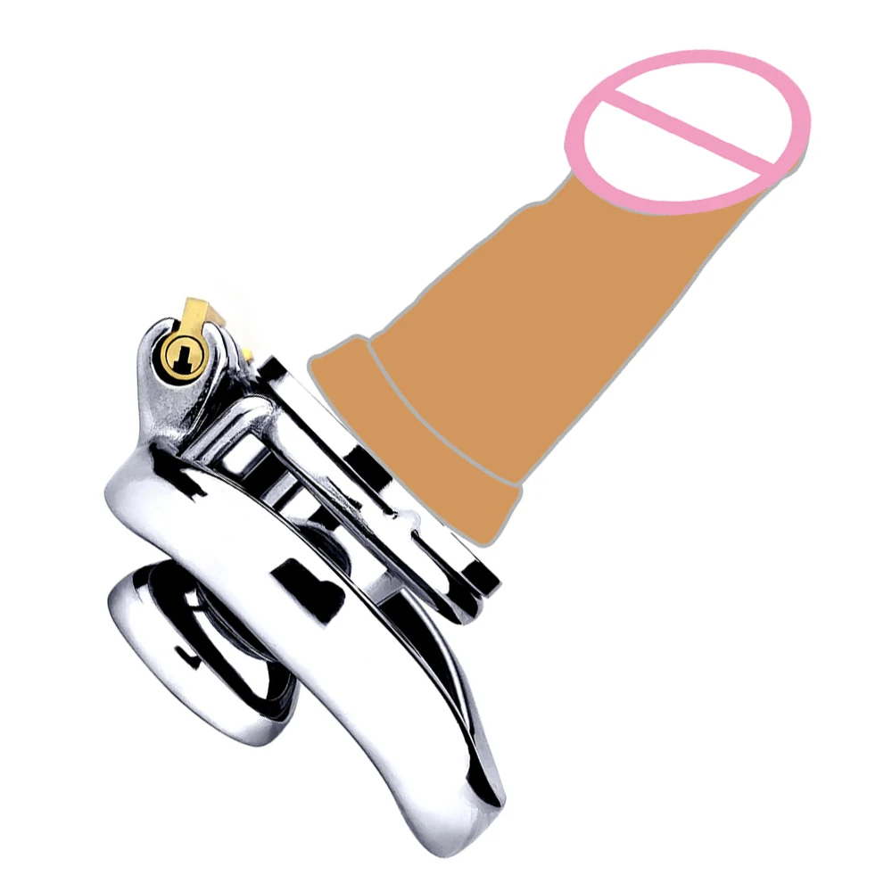 FRRK Flat Chastity Cage with Skin Dildo CBT Game Play Erect Denial Stainless Steel Negative Cock Ring Urethral Sex Tooys for Man