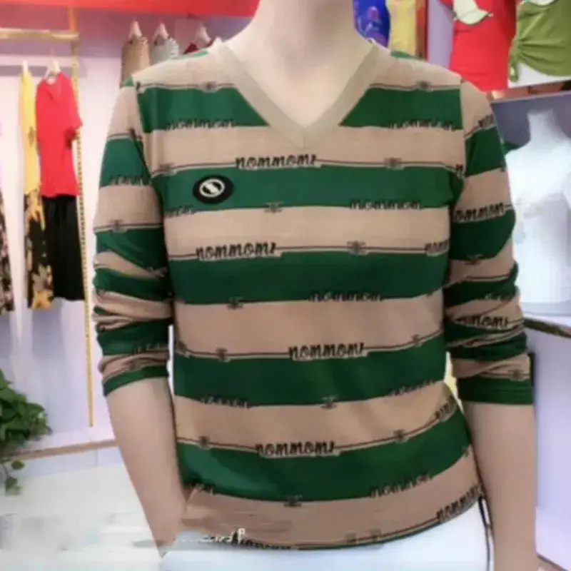 Nowa, swobodna, prostota koszulka w paski z dekoltem w szpic dla kobiet, jesienna, dopasowana bluzka z długim rękawem, odzież damska