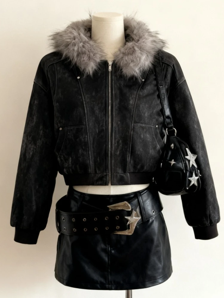 Casual Streetwear Faux Fur Jacket with Hooded Women Subculture Harajuku Vintage Safari Coats Zipper Sweatshirts Y2k Stand Neck