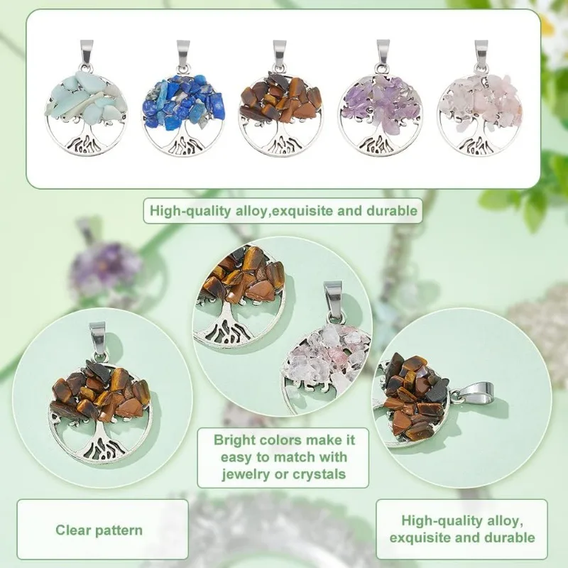 20 Pcs Tree of Life Pendant Charms 5 Styles Natural Mixed Chip Stone Pendants Flat Round with Life Tree Charm Pendants for Neckl