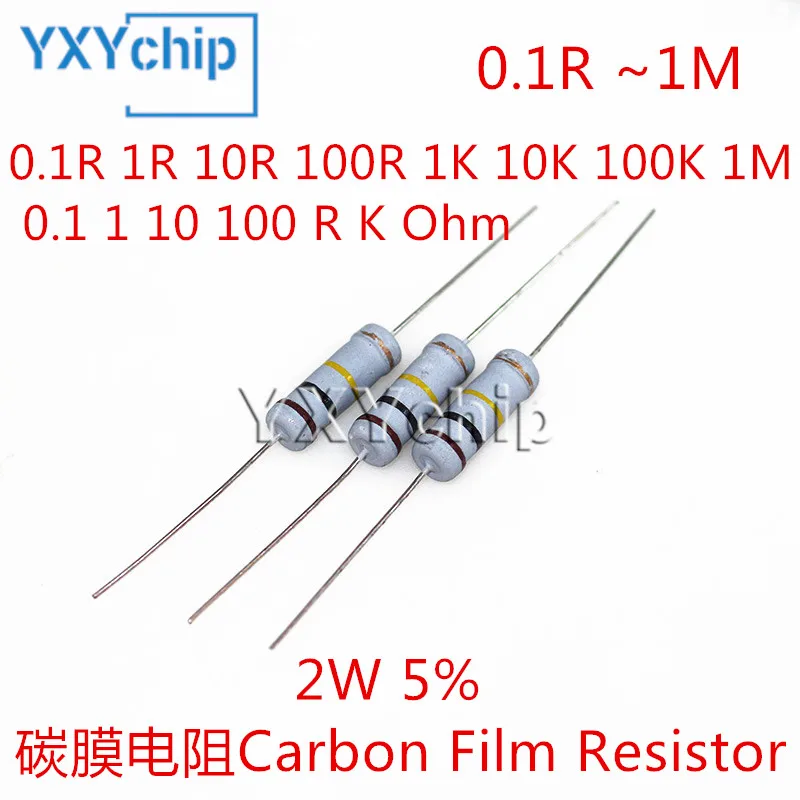 20pcs 2W Carbon Film Resistor 0.1R 1R 10R 100R 1K 10K 100K 1M 0.1 1 10 100 R K Ohm 5% Resistance 0.1R~1M