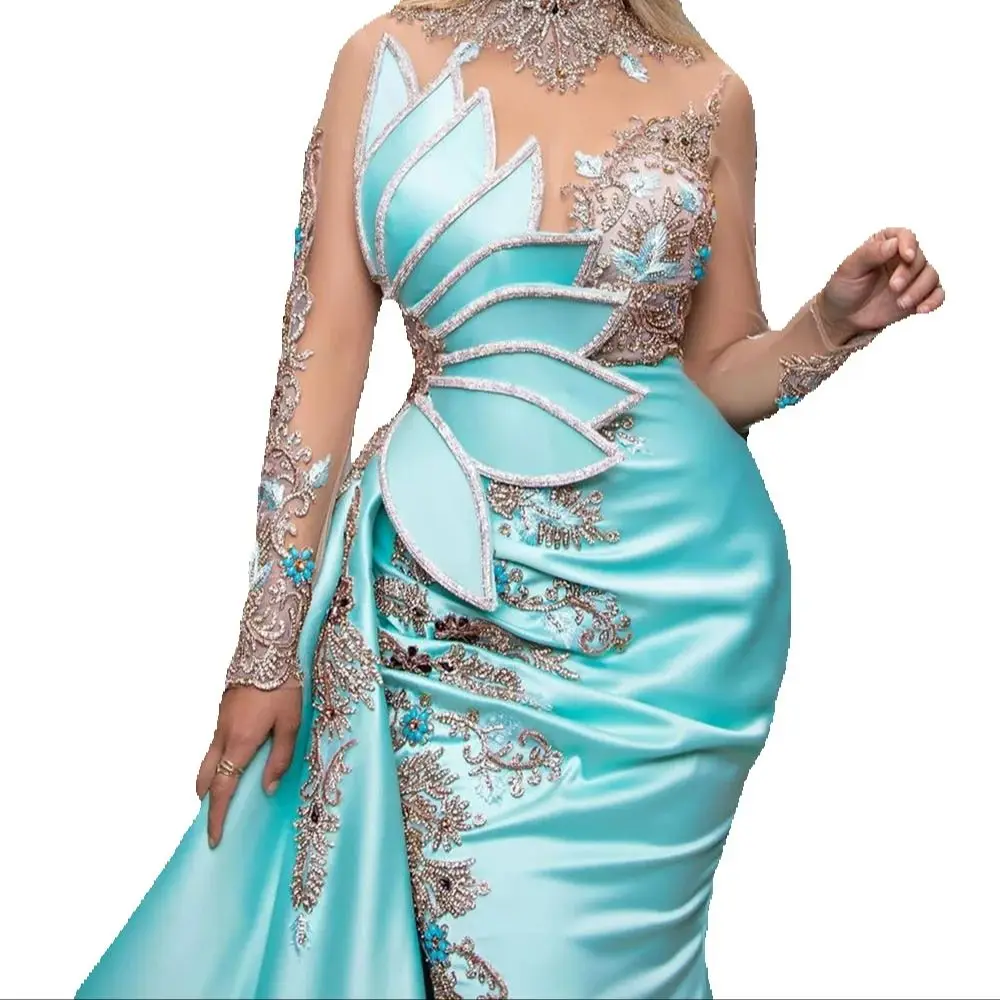 Glamorous Meer Blauw Avondjurk Hoge Illusion Lange Mouwen Prom Toga Steentjes Side Split Party Jurken Custom Made