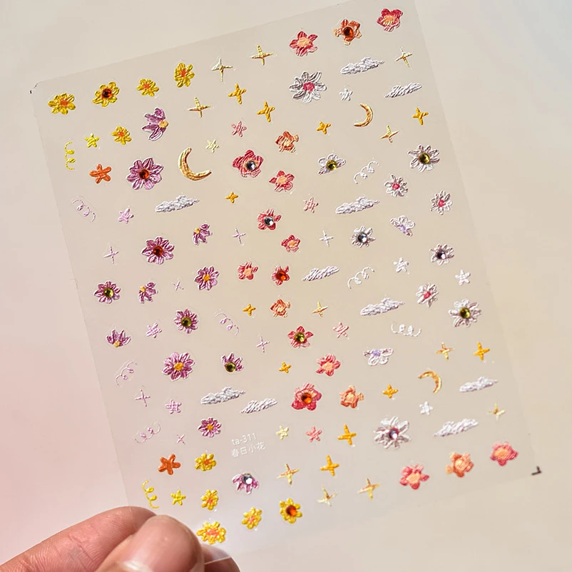 Bright Yellow White Wild Daisy Flowers Embroidery Moon Star Rhinestone Self Adhesive Nail Art Decoration Sticker Manicure Decals