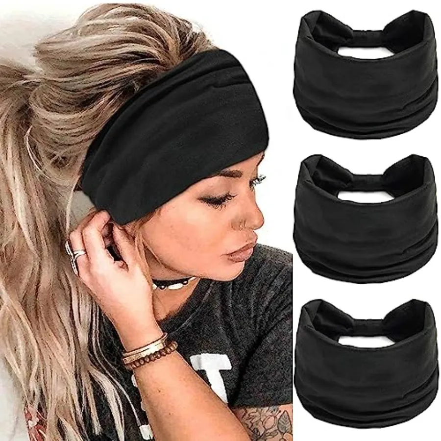 

Black Headbands for Women Elastic Hairband Wide Knotted Hair Bands Solid Color Turban Non Slip Yoga Workout Head Wraps Large Co