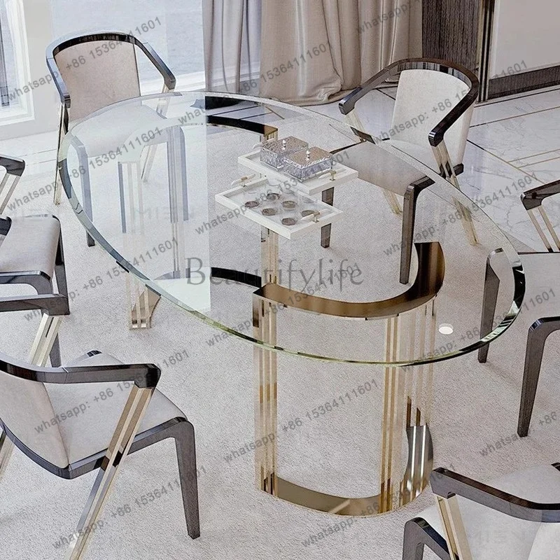 YJ  Light luxury transparent glass oval table Hong Kong style household stainless steel long table modern fashion dining table