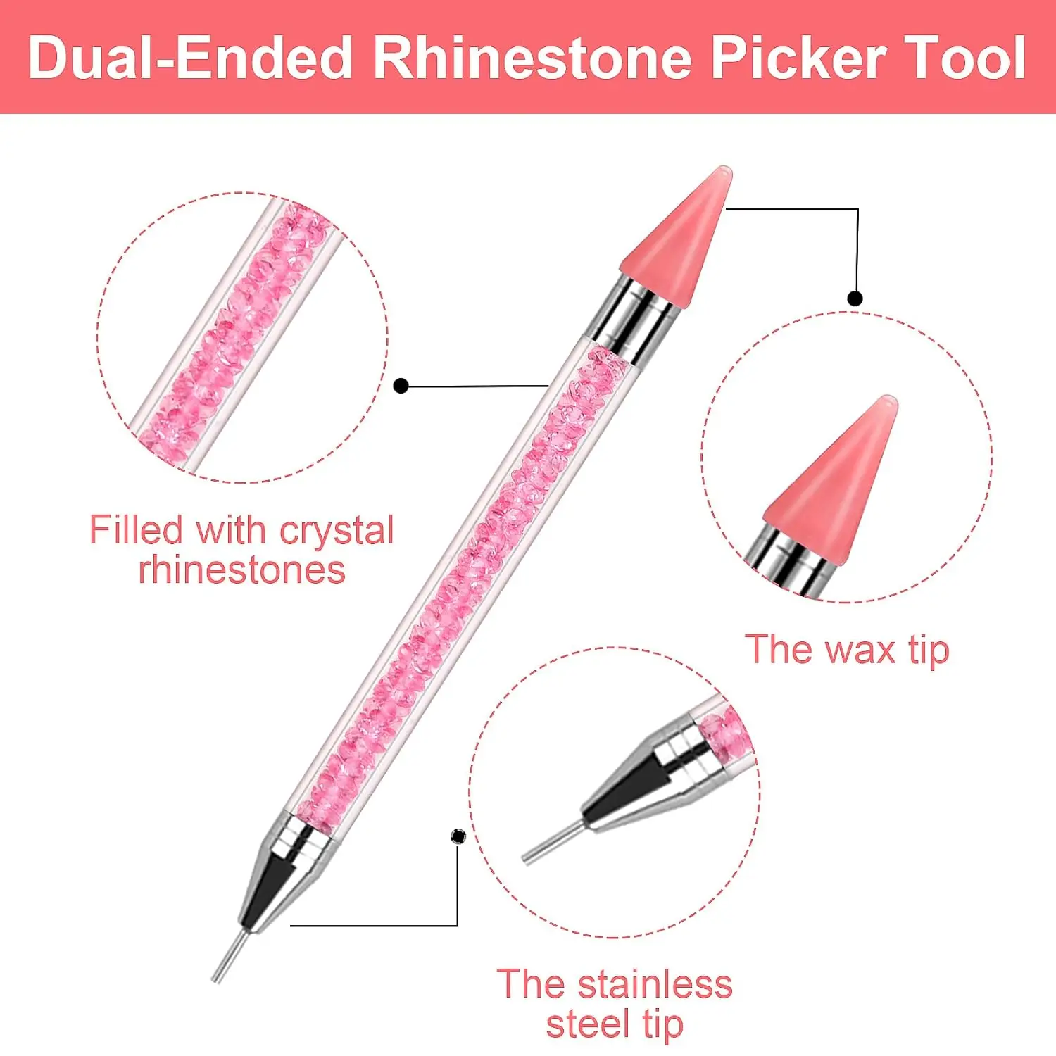 Rhinestone Picker Tool 2PCS with 2 Extra Wax Tips, Dual-Ended Manicure Nail Art DIY Decoration Kit for Rhinestones and Gemstones