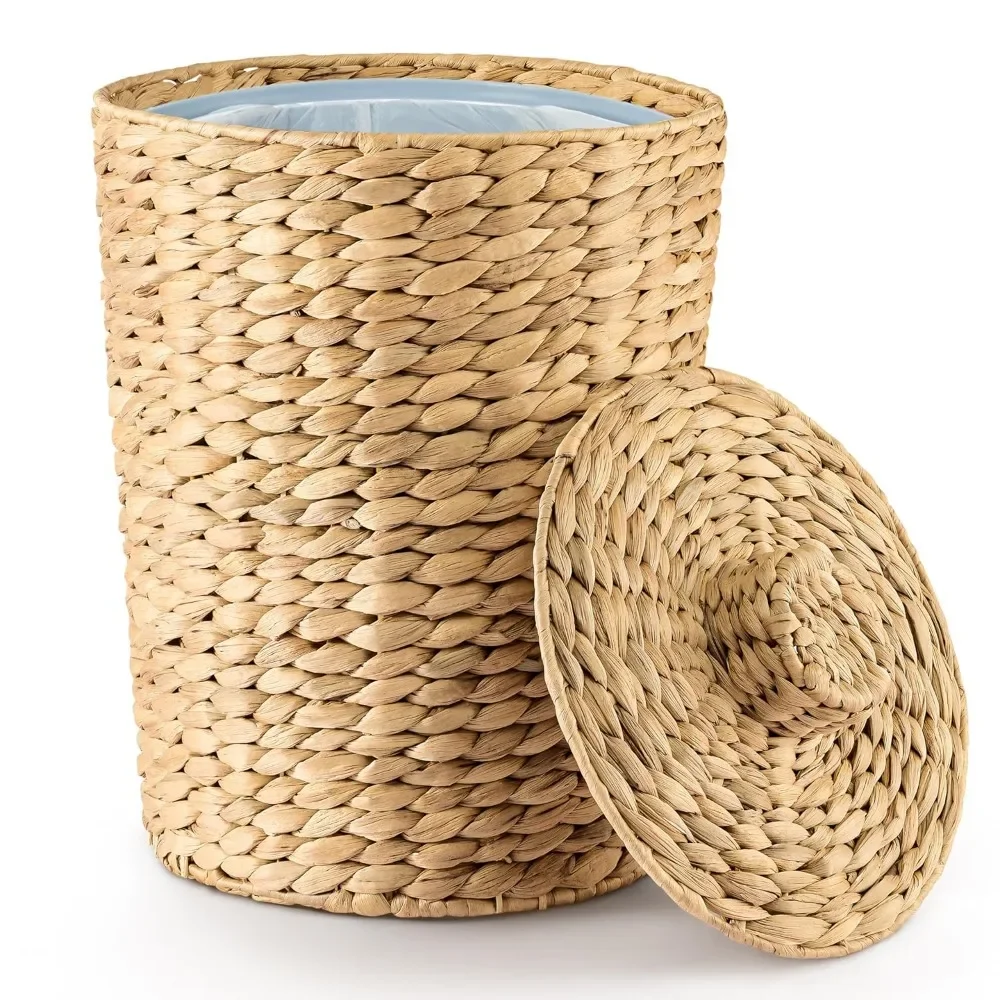 

Wicker Trash Can with Lid for Bedroom Bathroom Kitchen Living Room Wastebasket Bohemian Style Hand Woven Natural Fashion