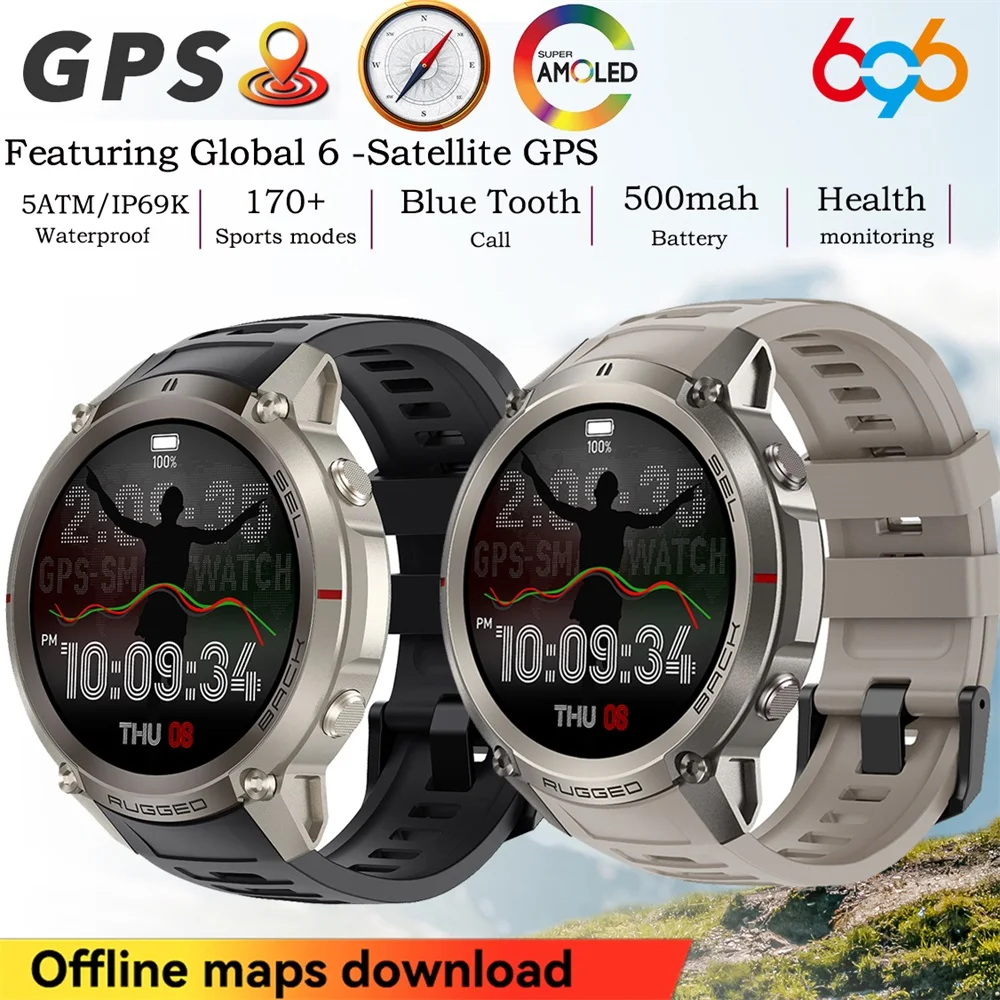 696 GPS Outdoor Smart Watch Offline Map Download 5ATM Waterproof Blue Tooth Call Compass Health Sports AMOLED Screen Smartwatch