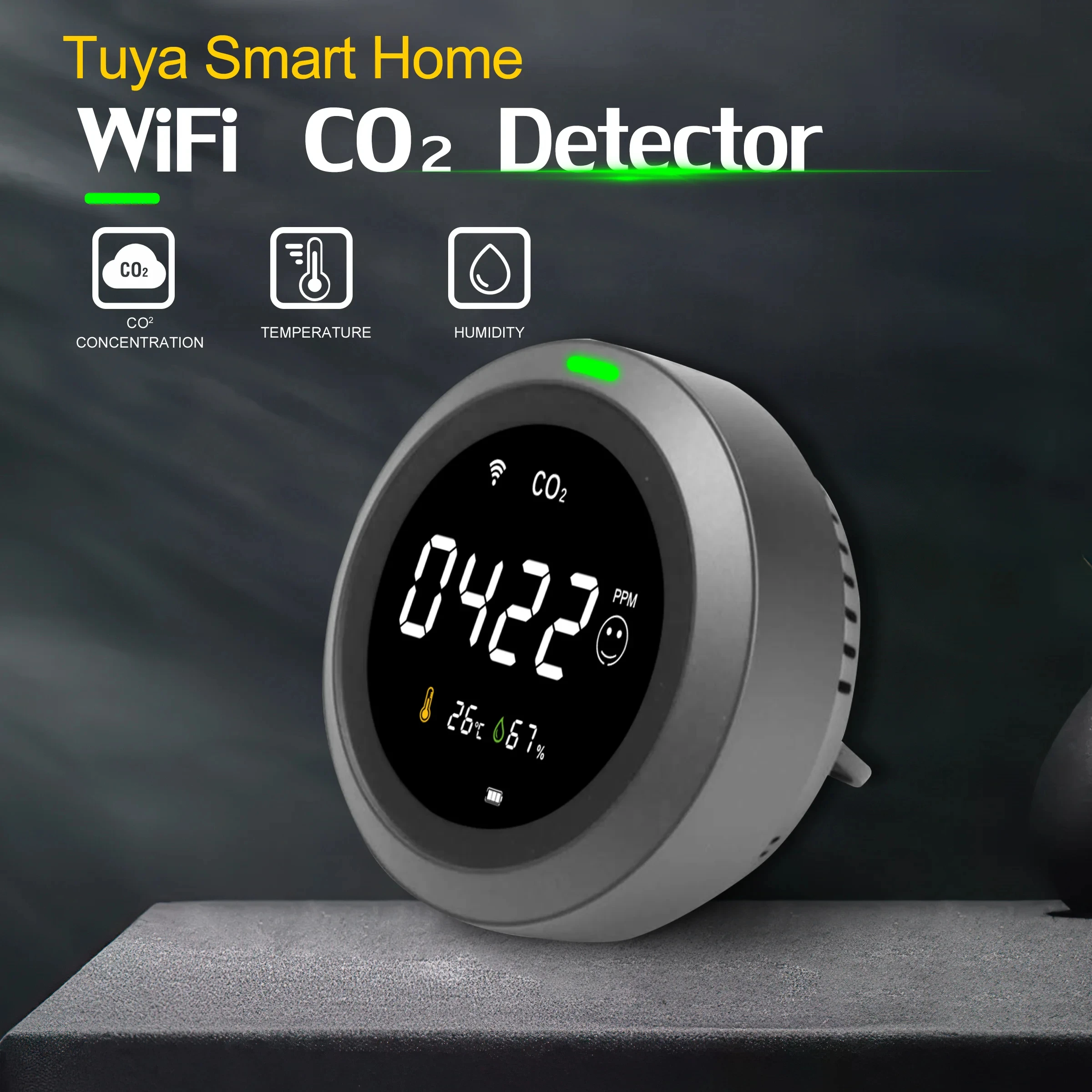 

Smart CO2 Detector, WiFi Carbon Dioxide Monitor with LCD Display, Indoor Air Quality Meter, 3-in-1 Sensor TH/RH/CO2 Air quality