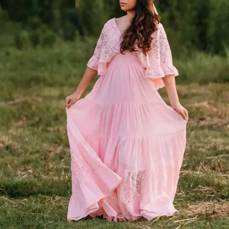 

Летнее кружевное розовое платье большого размера для беременных в уличном стиле, осенняя коллекция, 100% триацетатное волокно