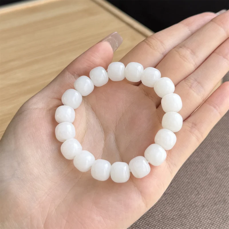 Natural Hetian Sheep Fat White Jade Bracelet 10*11Mm Old Type Bead Russian Material